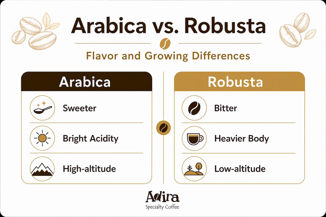 Infographic comparing Arabica and Robusta coffee traits