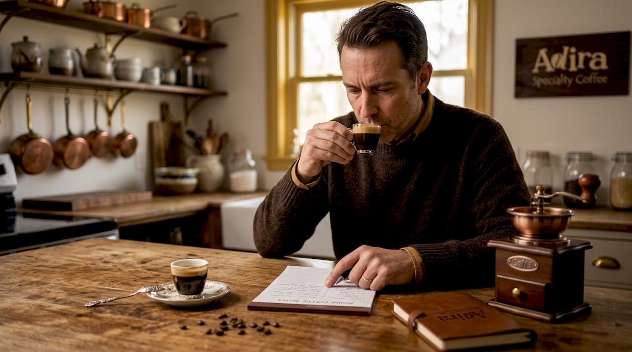 Man evaluating espresso flavor at kitchen table