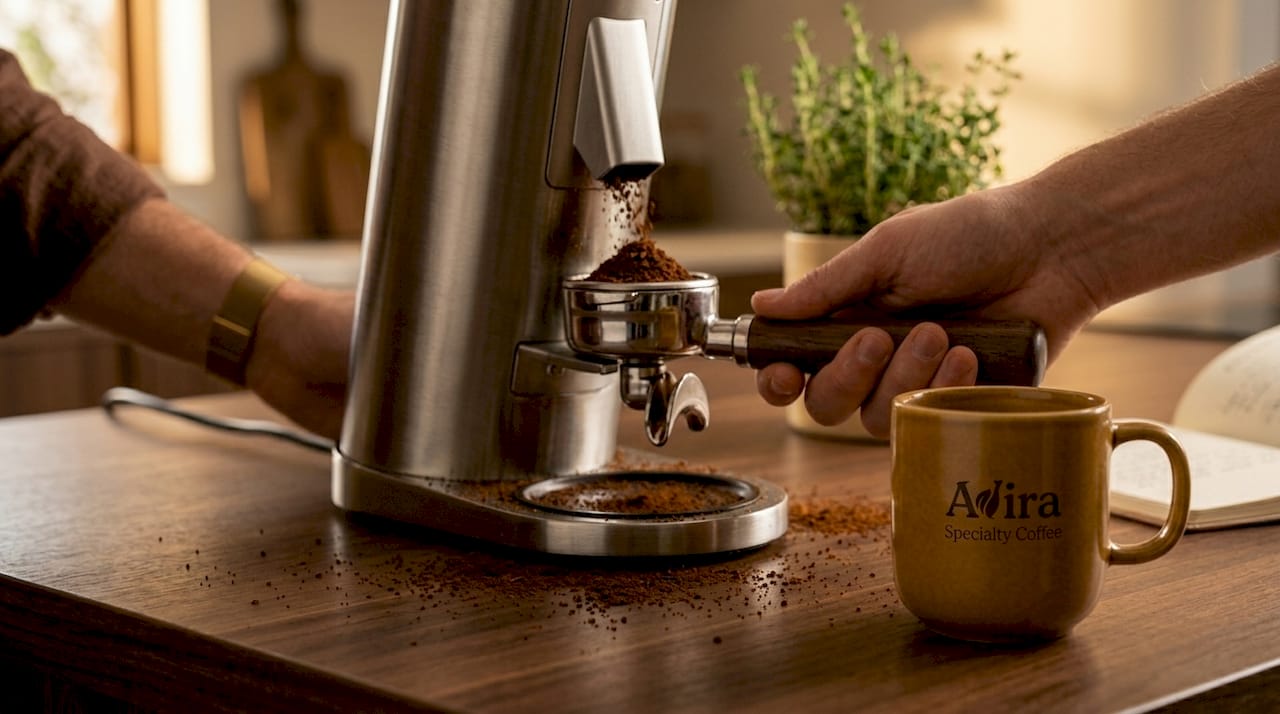 Closeup of burr grinder dispensing grounds