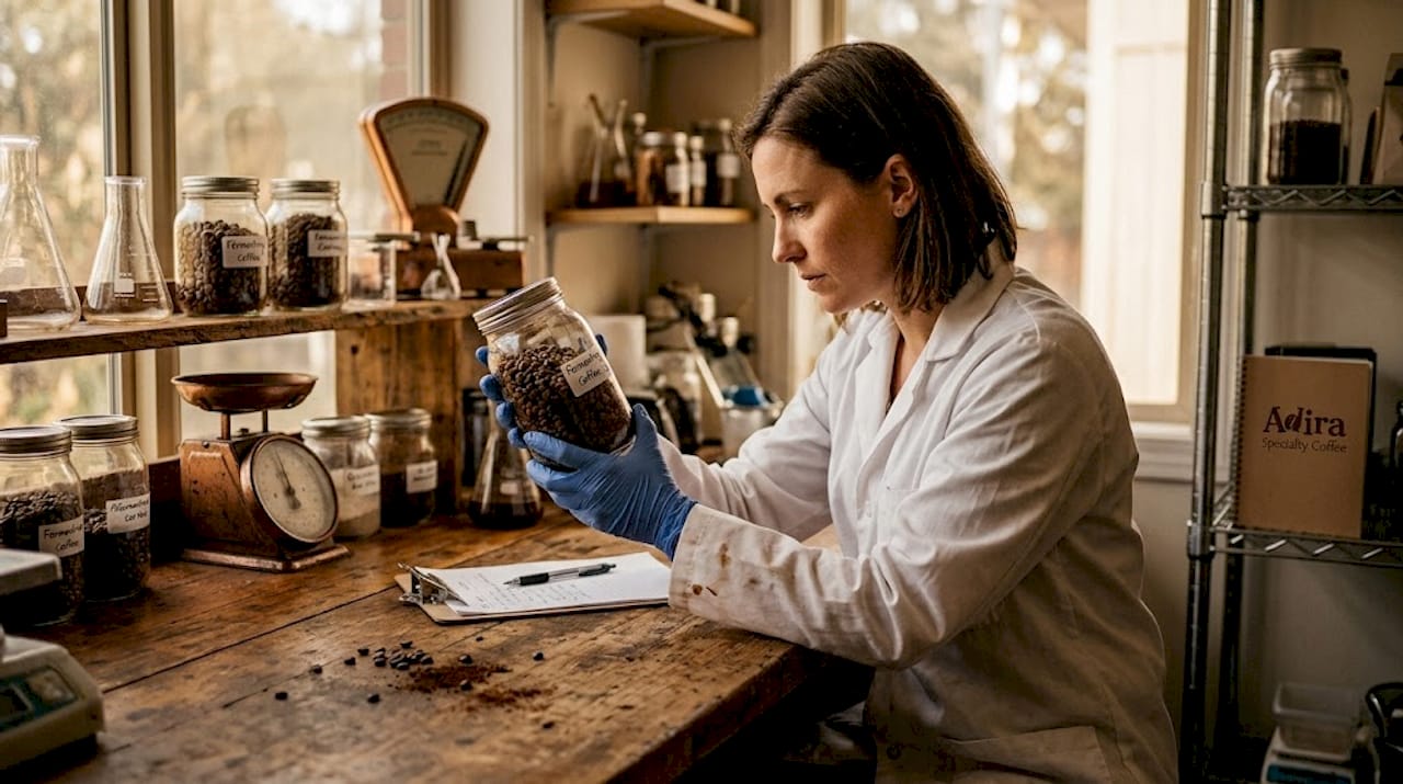 Lab technician analyzing coffee fermentation jar