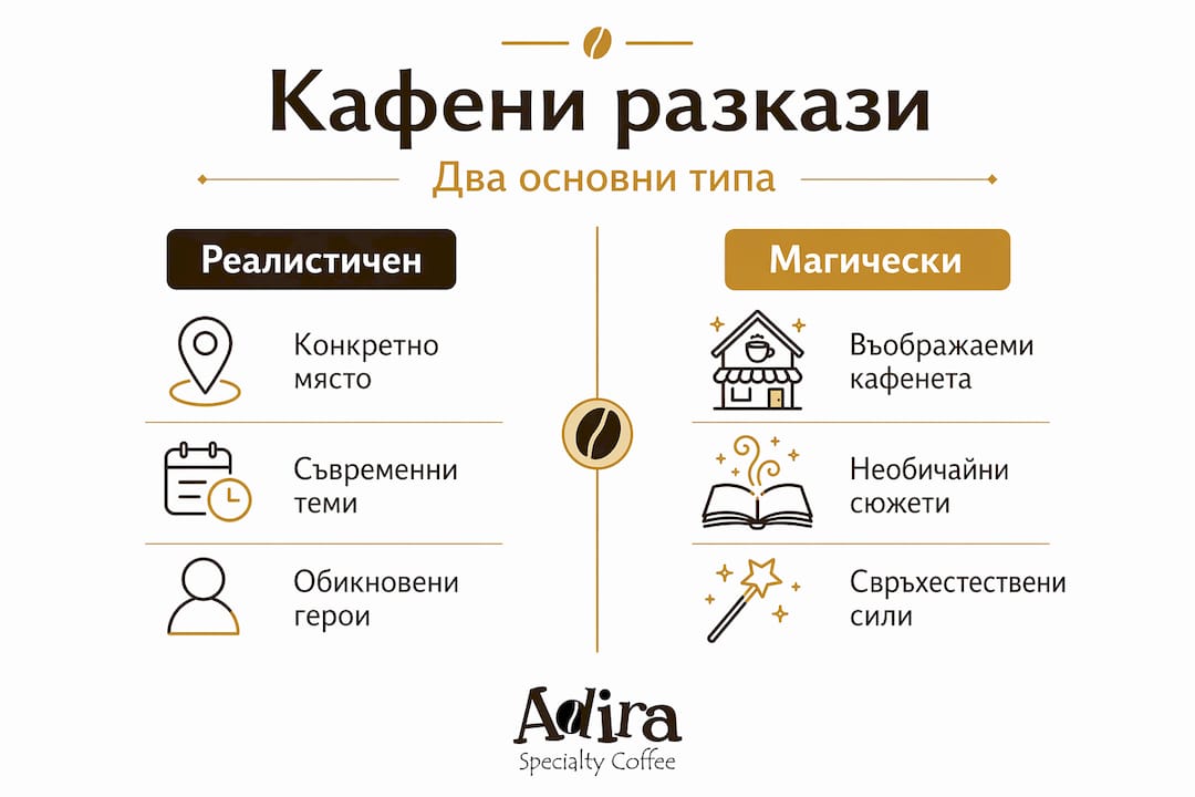 Инфографика, която показва разликите между истинските истории от кафенетата и тези с магически елементи.