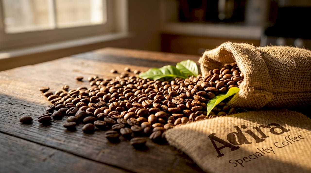 Close-up of roasted robusta coffee beans