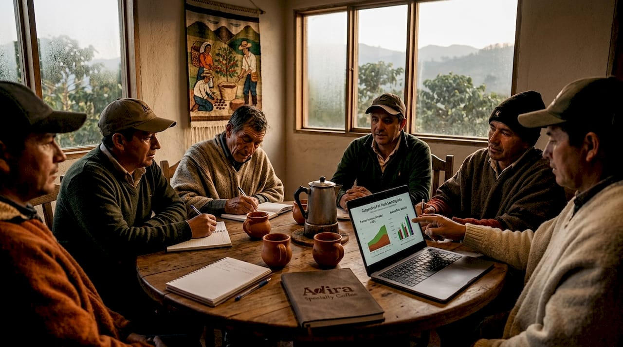 Coffee farmers meeting discussing traceability and pay