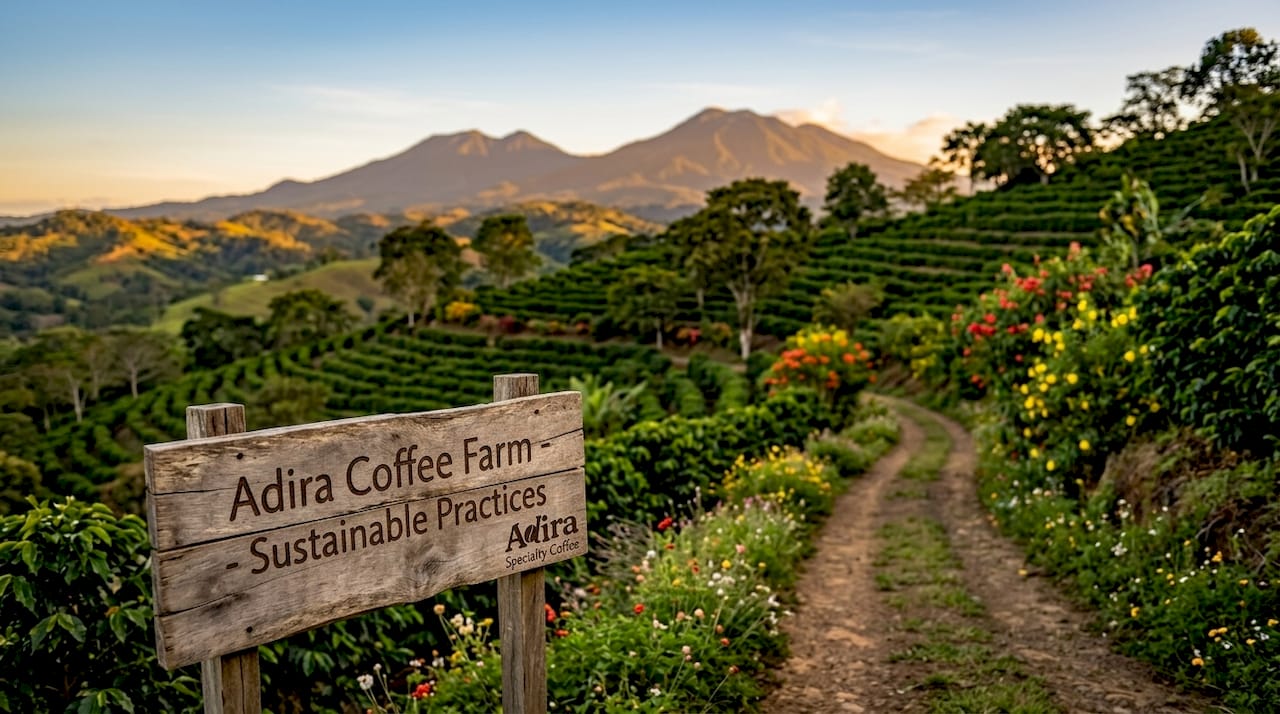 Terraced sustainable coffee farm with shade trees in Okinawa