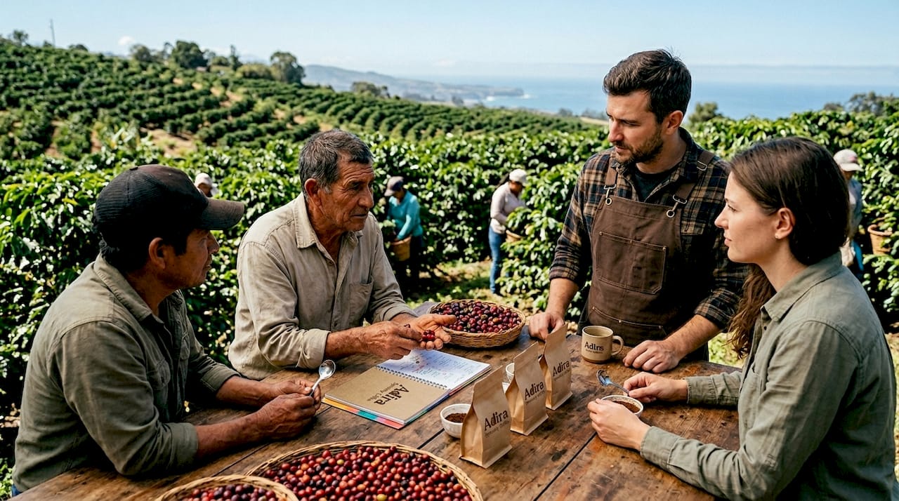 Farmers and roaster discussing coffee at cooperative