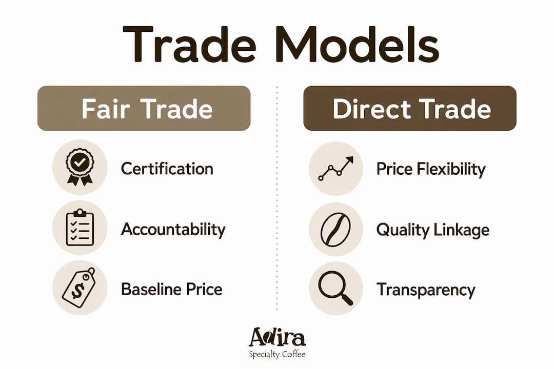 Infographic comparing direct trade vs fair trade coffee models