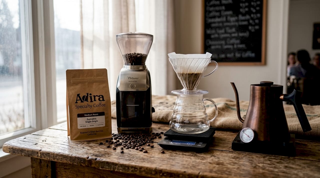 Layout of coffee brewing tools and beans