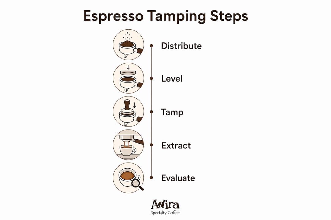 Infographic showing espresso tamping step-by-step process