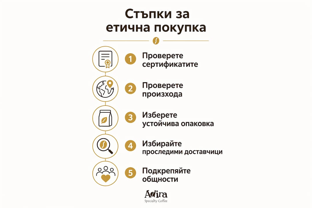 Вертикална инфографика с лесни стъпки как да изберем етично кафе