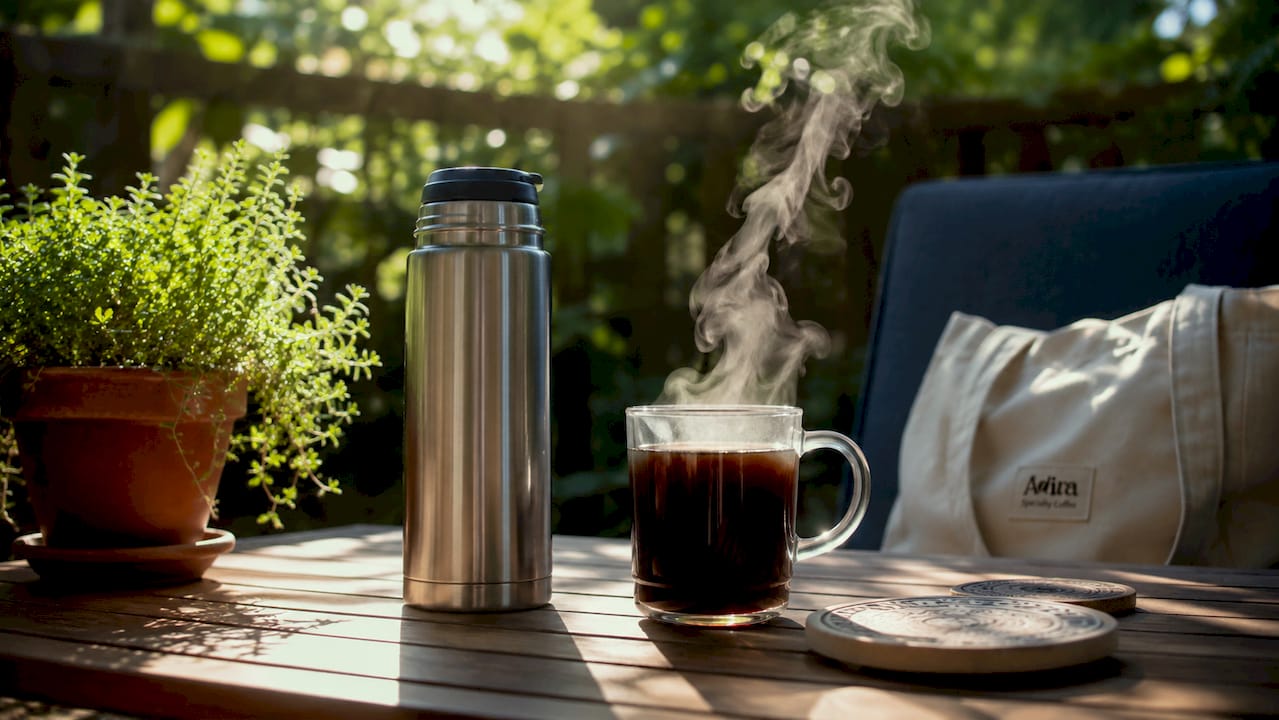 Vacuum mug and ceramic mug showing coffee cooling