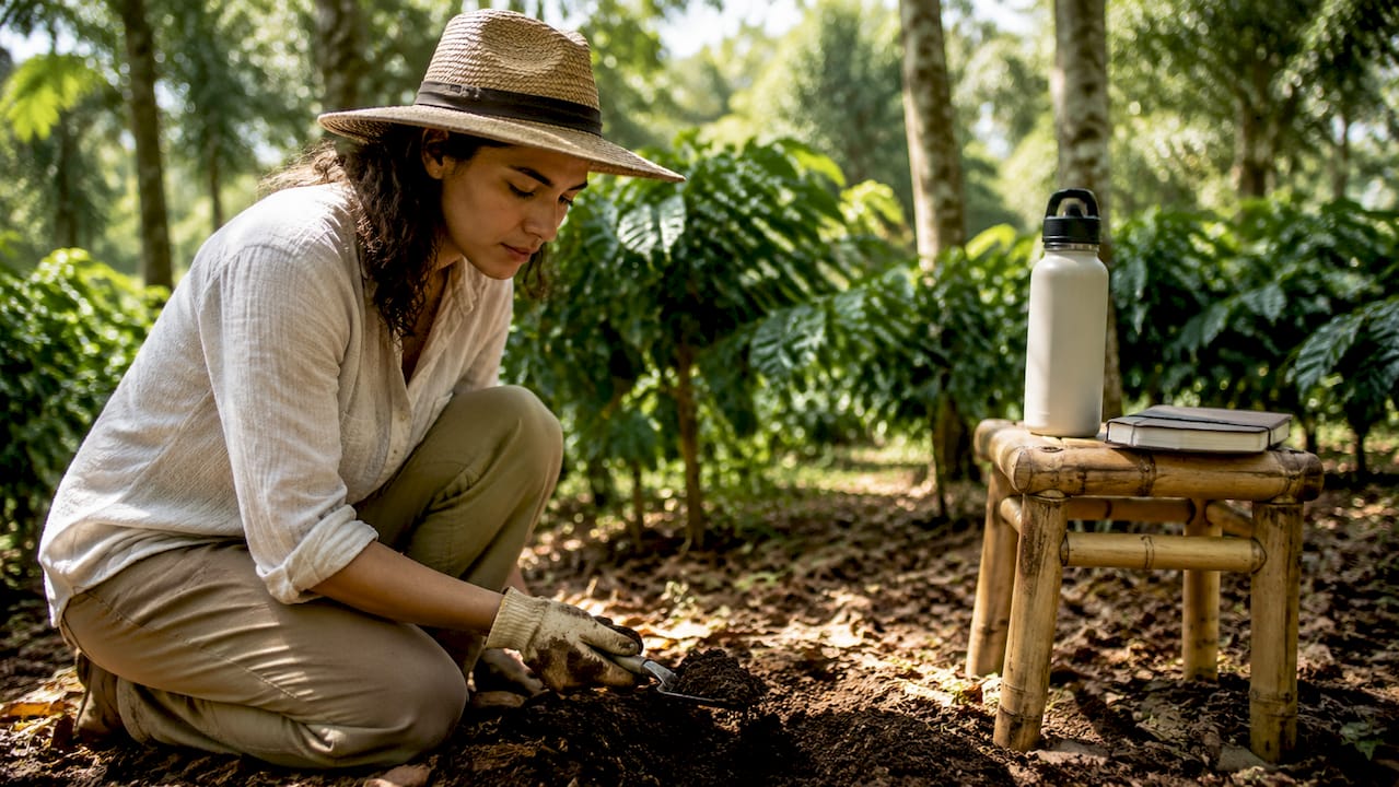 Agronomist inspecting soil in shaded coffee farm