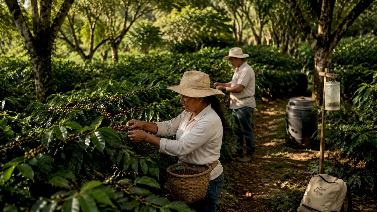 Workers harvesting coffee on certified organic farm at sunrise