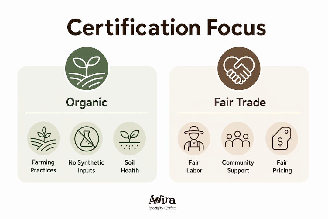Infographic comparing organic and fair trade coffee certification focuses