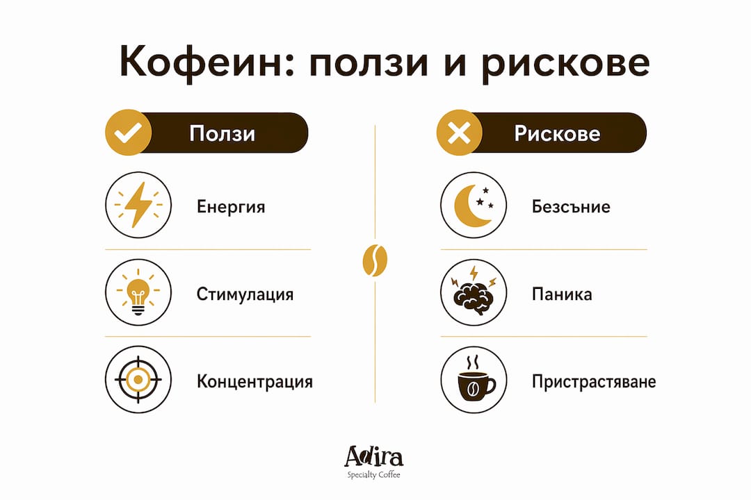 Инфографика, която представя основните предимства и възможните рискове от консумацията на кофеин