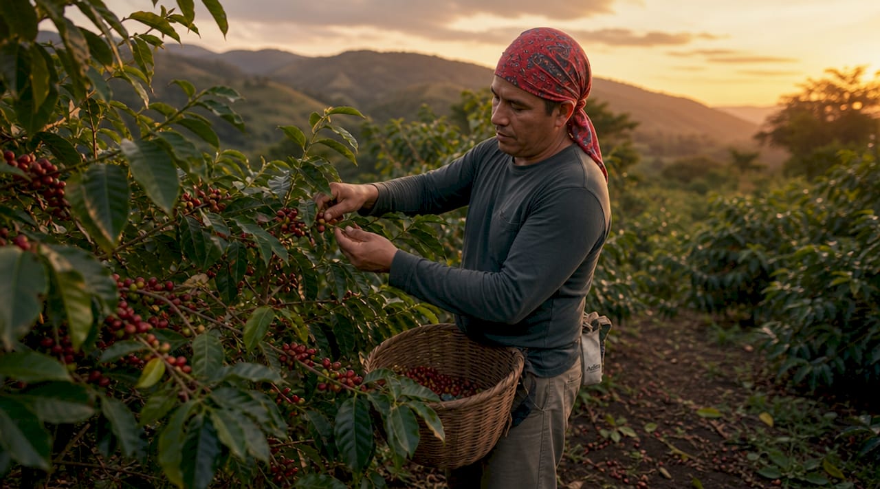 Farmer handpicking ripe coffee cherries