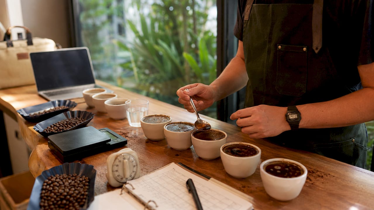 Hands cupping and evaluating coffee samples overhead view