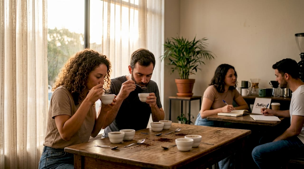 Hands cupping coffee during tasting session