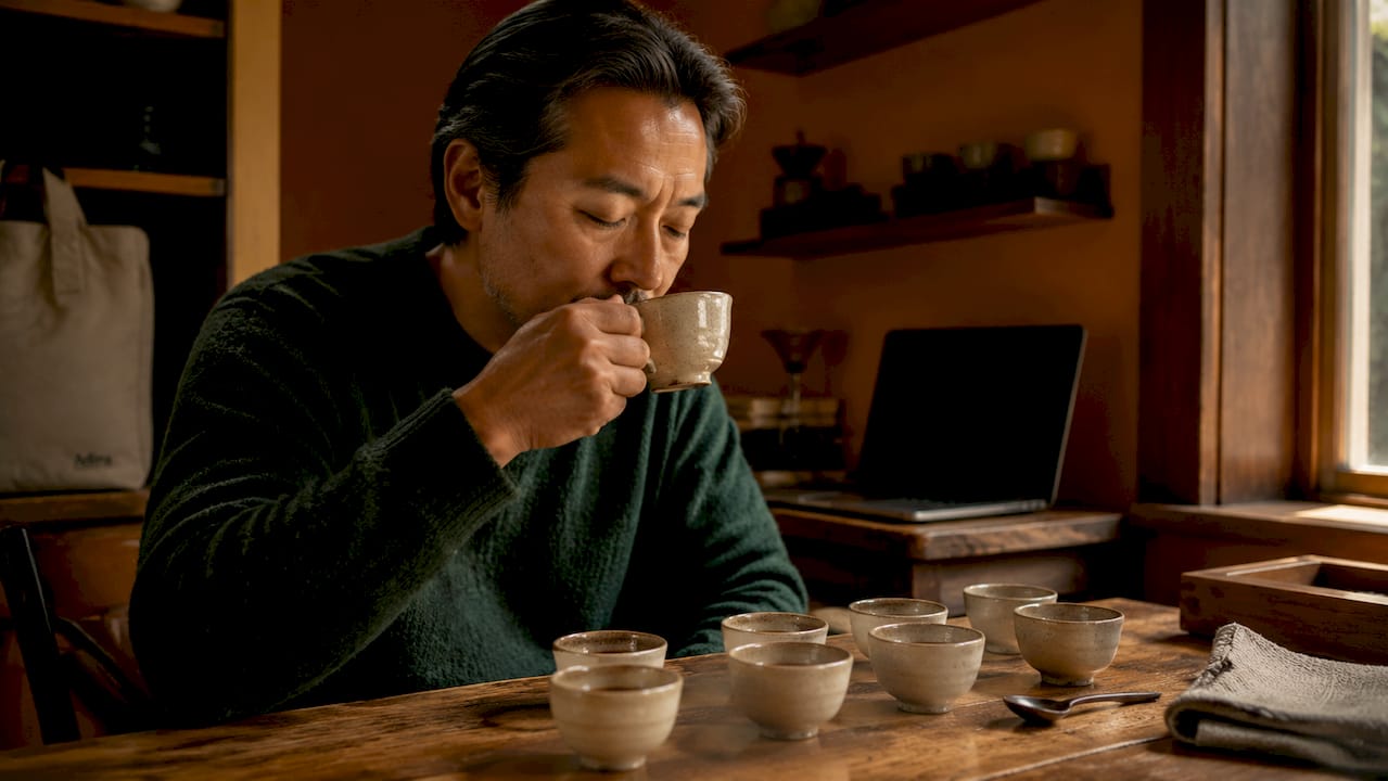 Man tasting third wave coffee during cupping