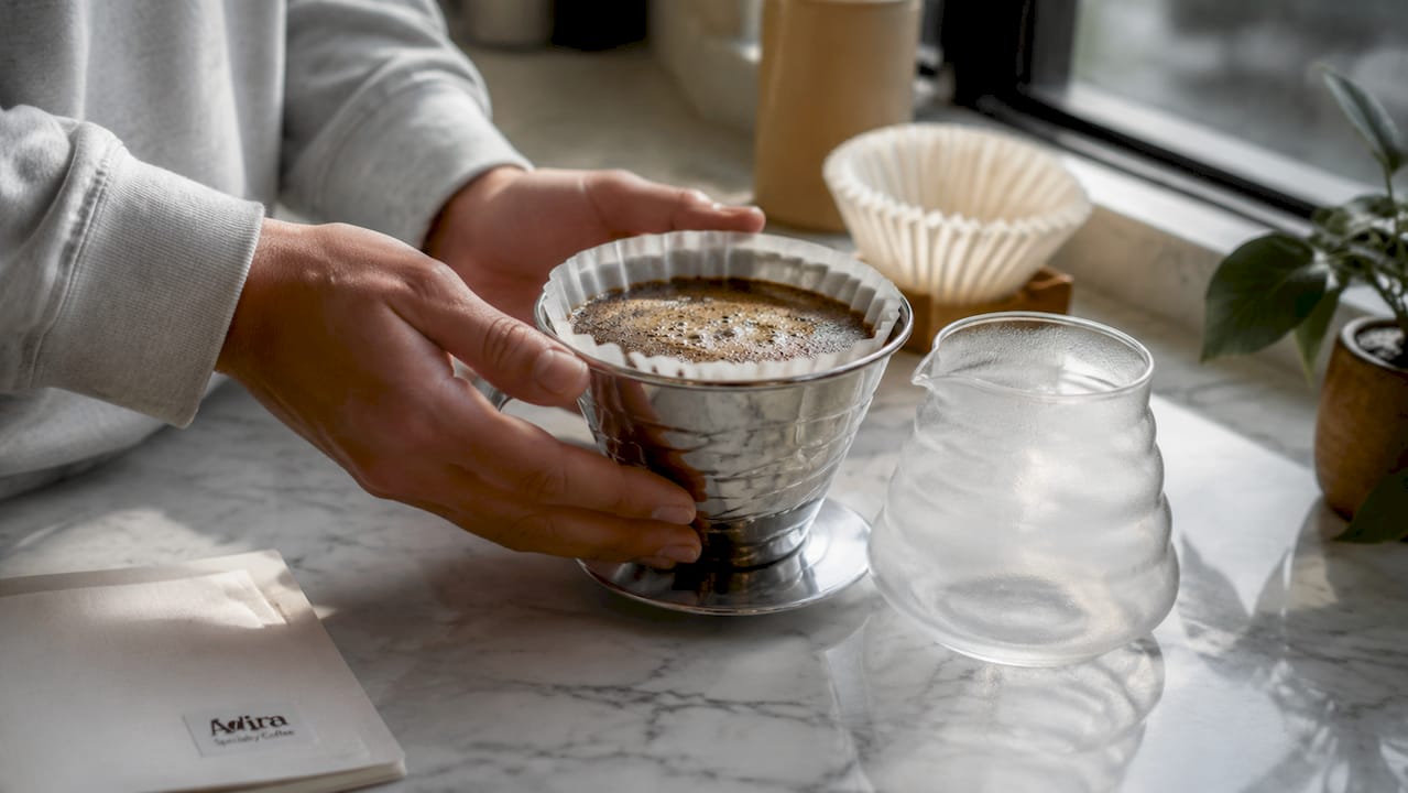 Close-up of blooming coffee grounds in pour-over dripper