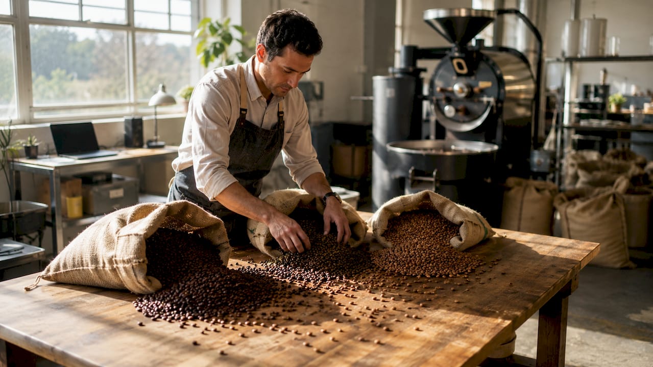 Hands comparing light, medium, and dark roasted coffee beans