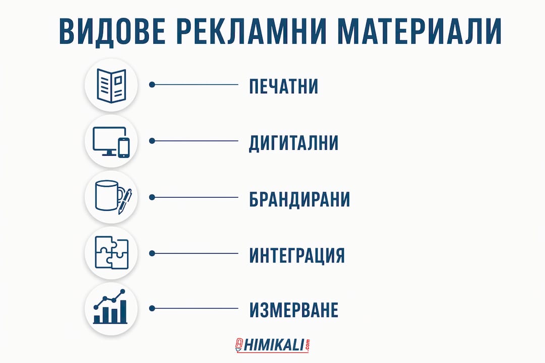 Инфографика, представяща различните видове рекламни материали подредени във вертикална последователност