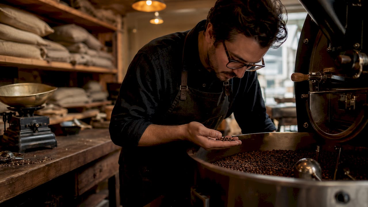 Coffee roaster inspecting peaberry beans during roasting