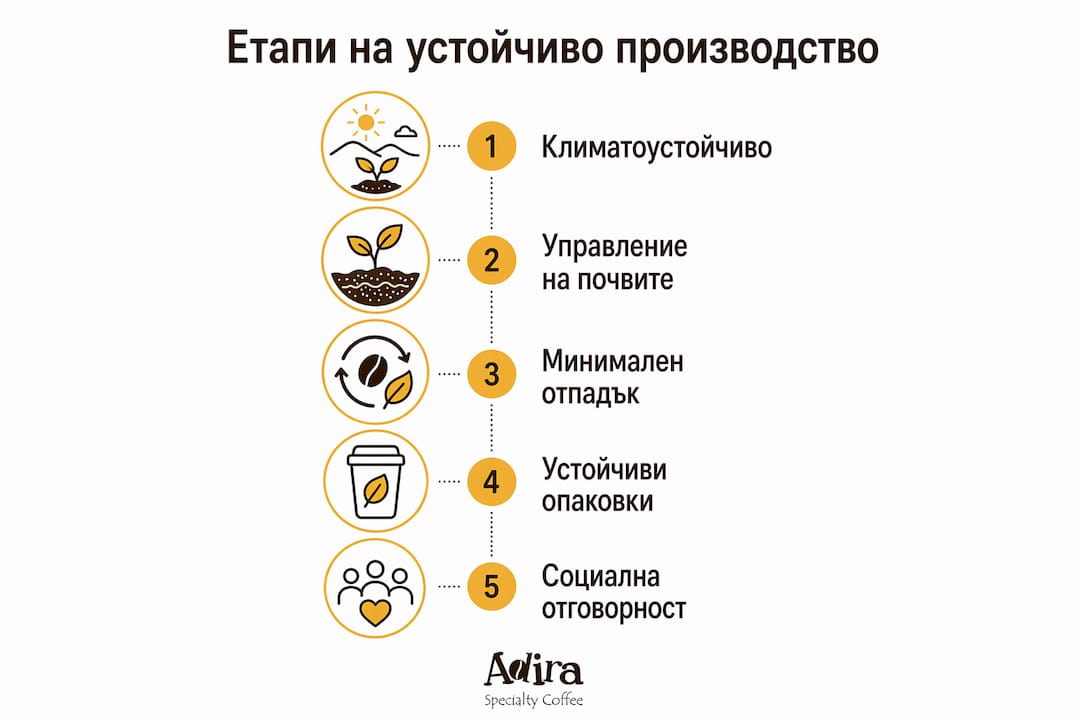 Визуален обзор на ключовите стъпки в екологичното производство на кафе