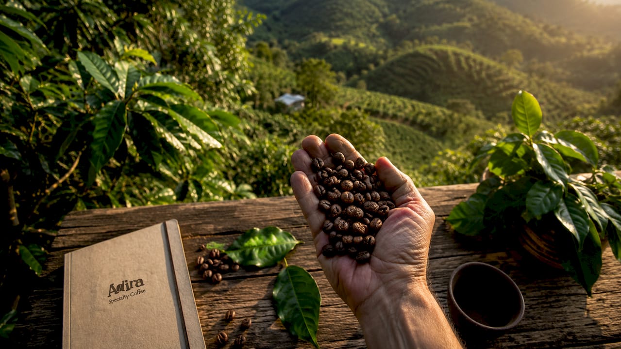 Hand holding dense coffee beans at high-altitude farm