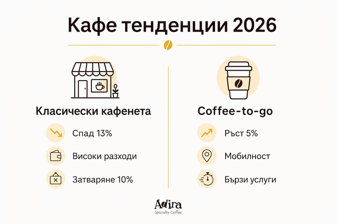 Инфографика, която показва как традиционните кафенета се съревновават с нарастващата мода на кафе за из път през 2026 година