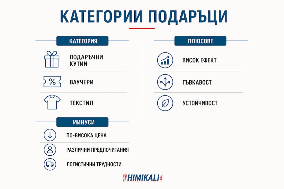 Инфографика с преглед и сравнение на различни видове корпоративни подаръци