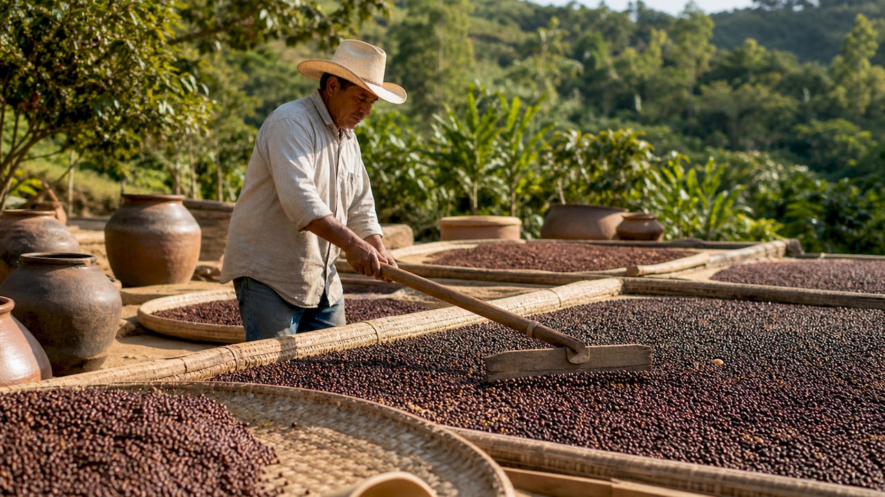 Hands spreading coffee beans on drying patio