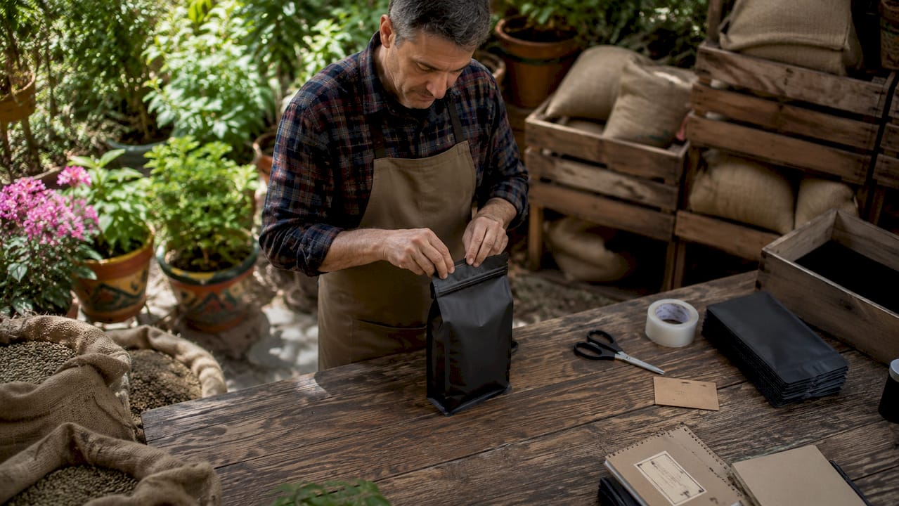 Barista packaging freshly roasted coffee