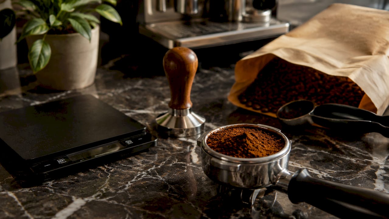 Close-up of espresso grinder tools on wooden counter