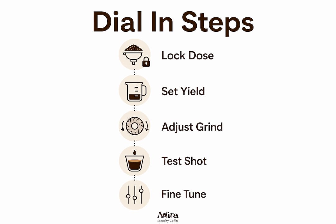 Infographic outlining espresso grind dial steps