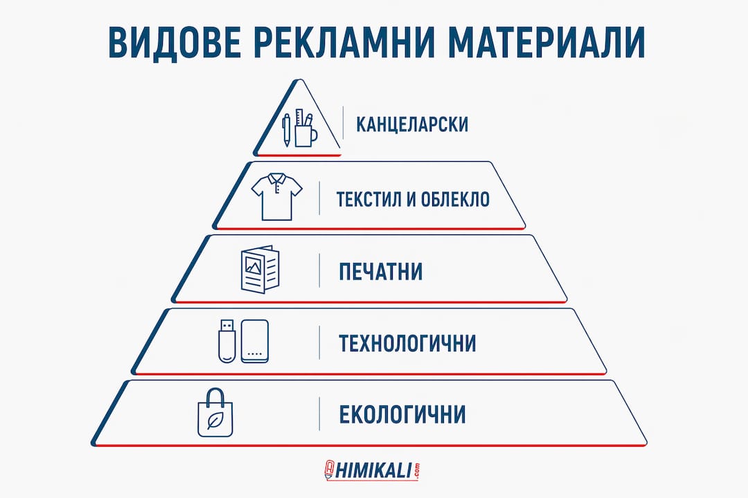 Визуална схема, представяща основните типове фирмени рекламни материали, подредени в пирамидна структура.