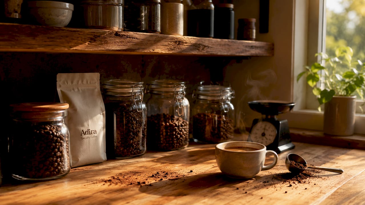 Overhead view of coffee storage containers setup