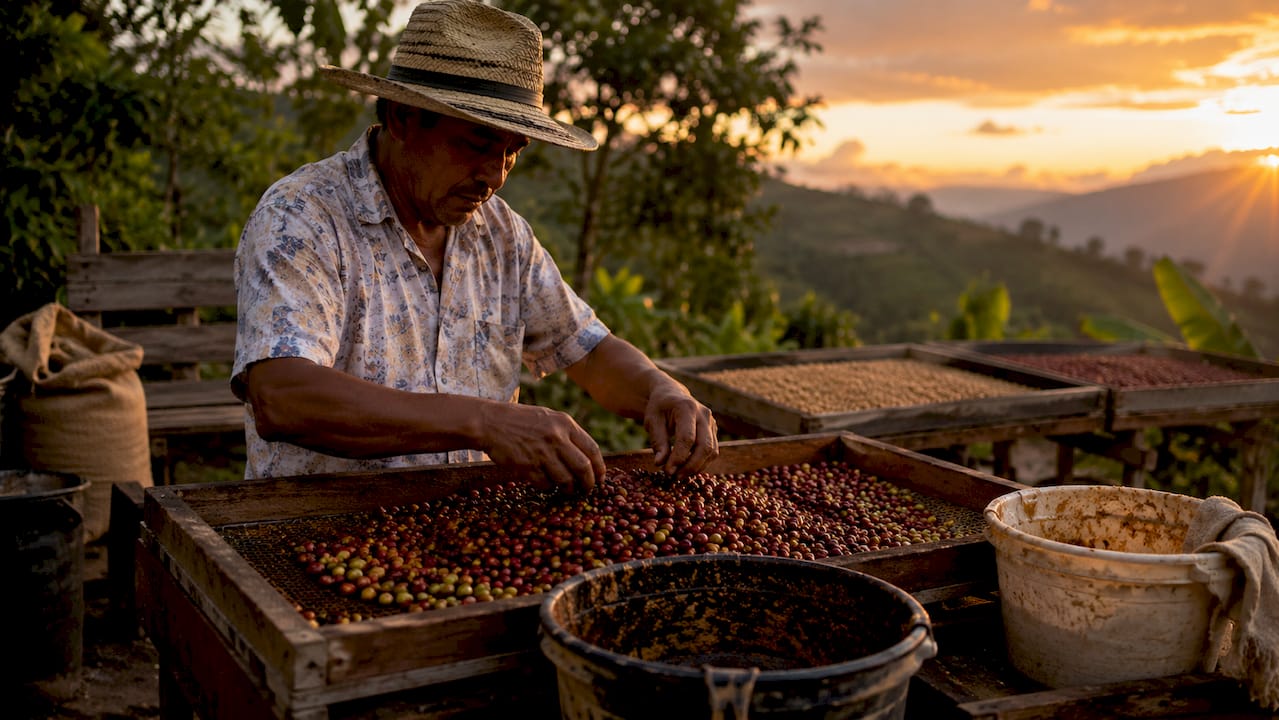 Workers sorting honey processed coffee cherries at farm station