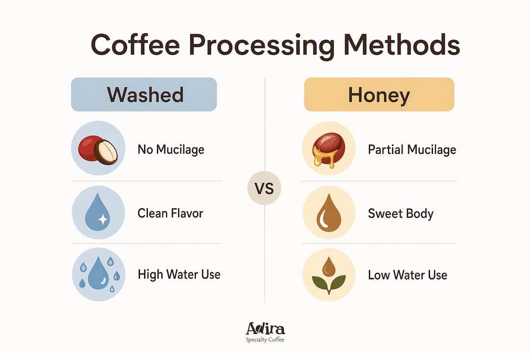 Infographic comparing honey, washed, and natural coffee processing methods