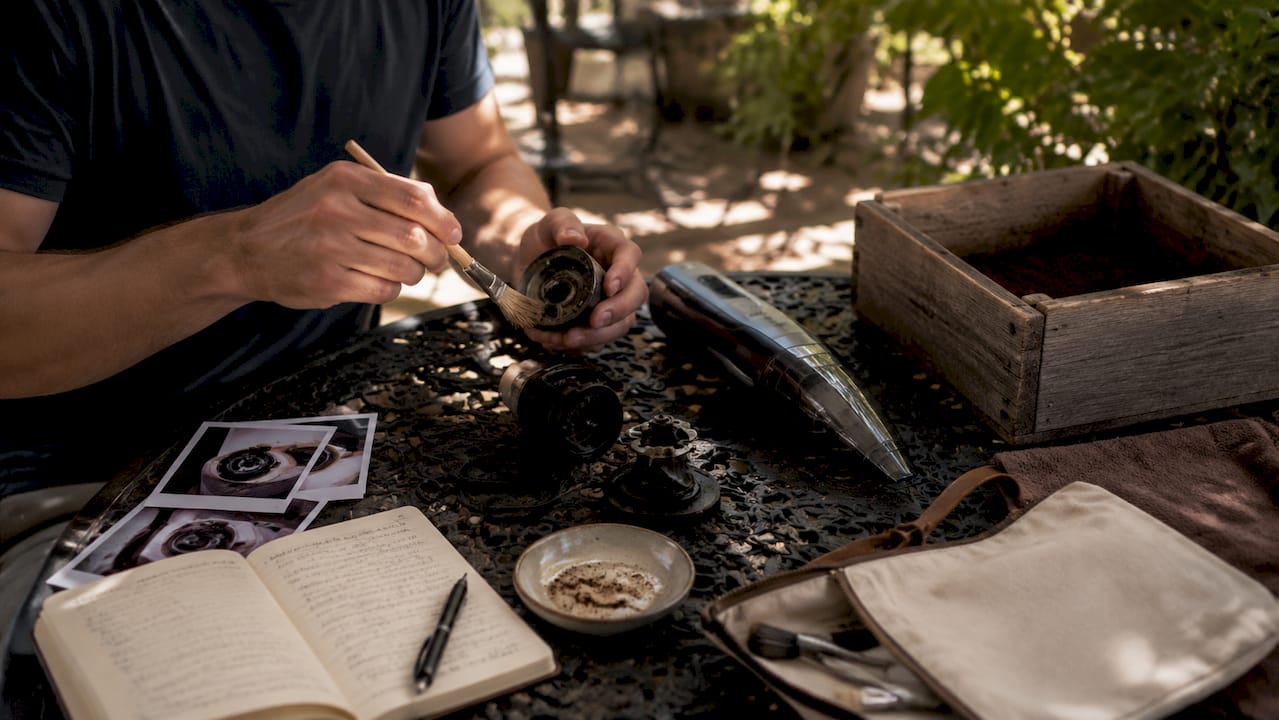 Hands brushing coffee grinder burr components