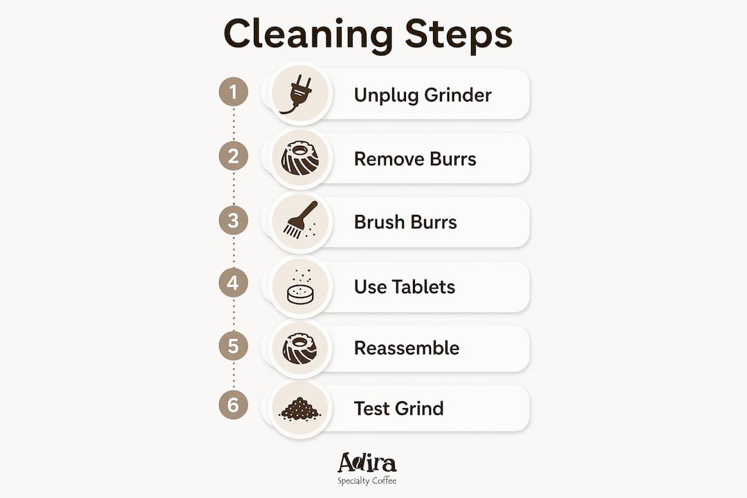 Infographic illustrating coffee grinder cleaning steps