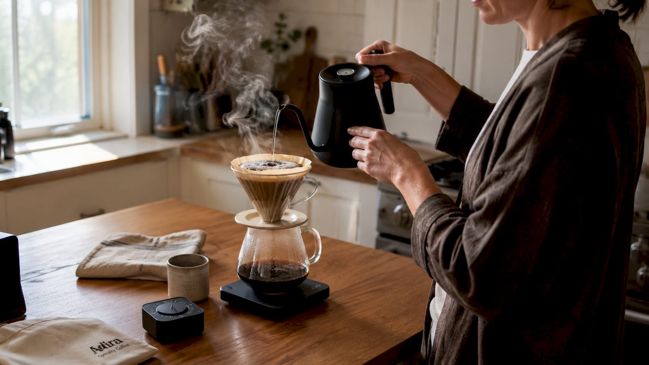 Top view of coffee bloom during pour-over brewing