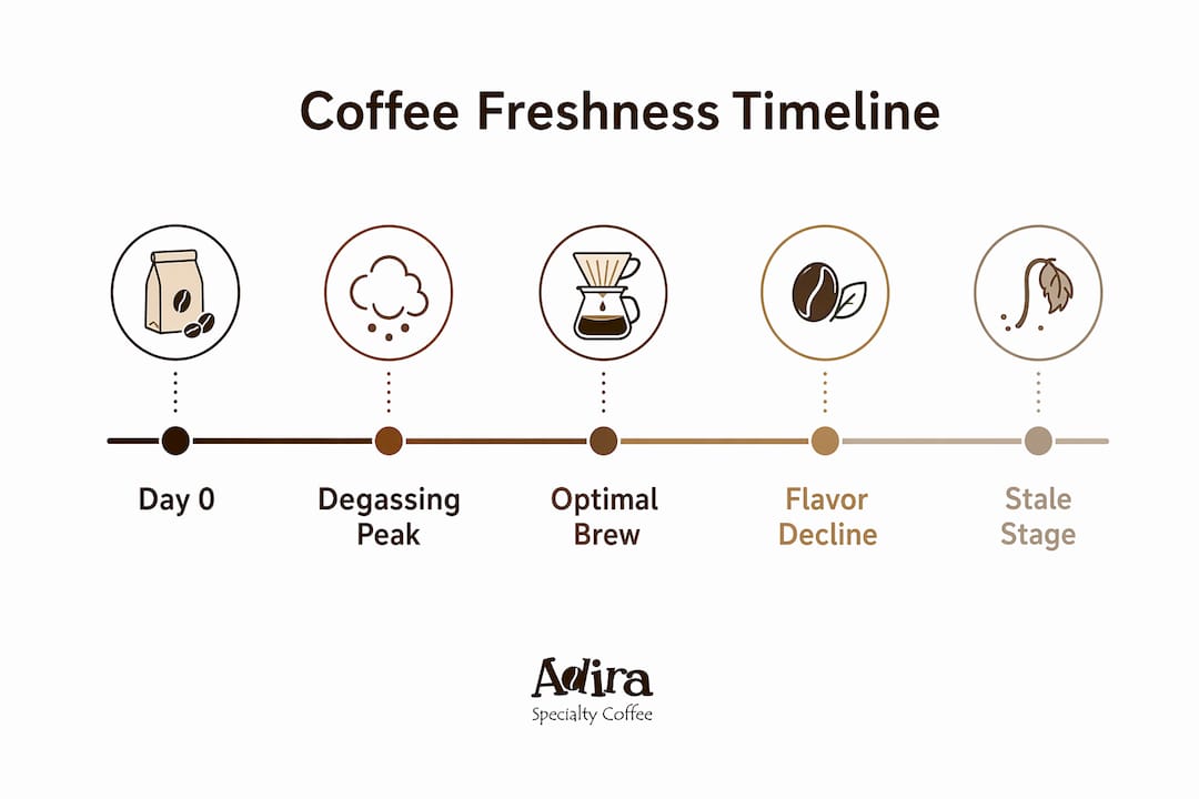 Infographic illustrating coffee freshness timeline after roasting