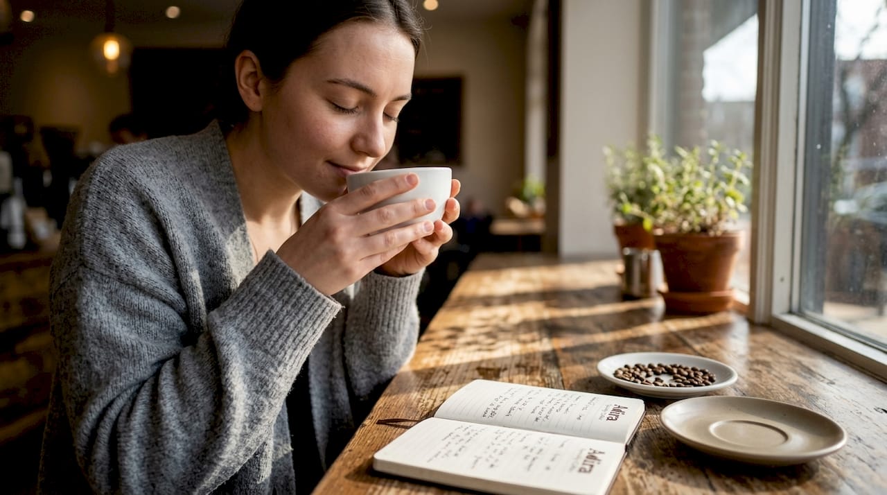 Woman smelling coffee aroma in café during tasting