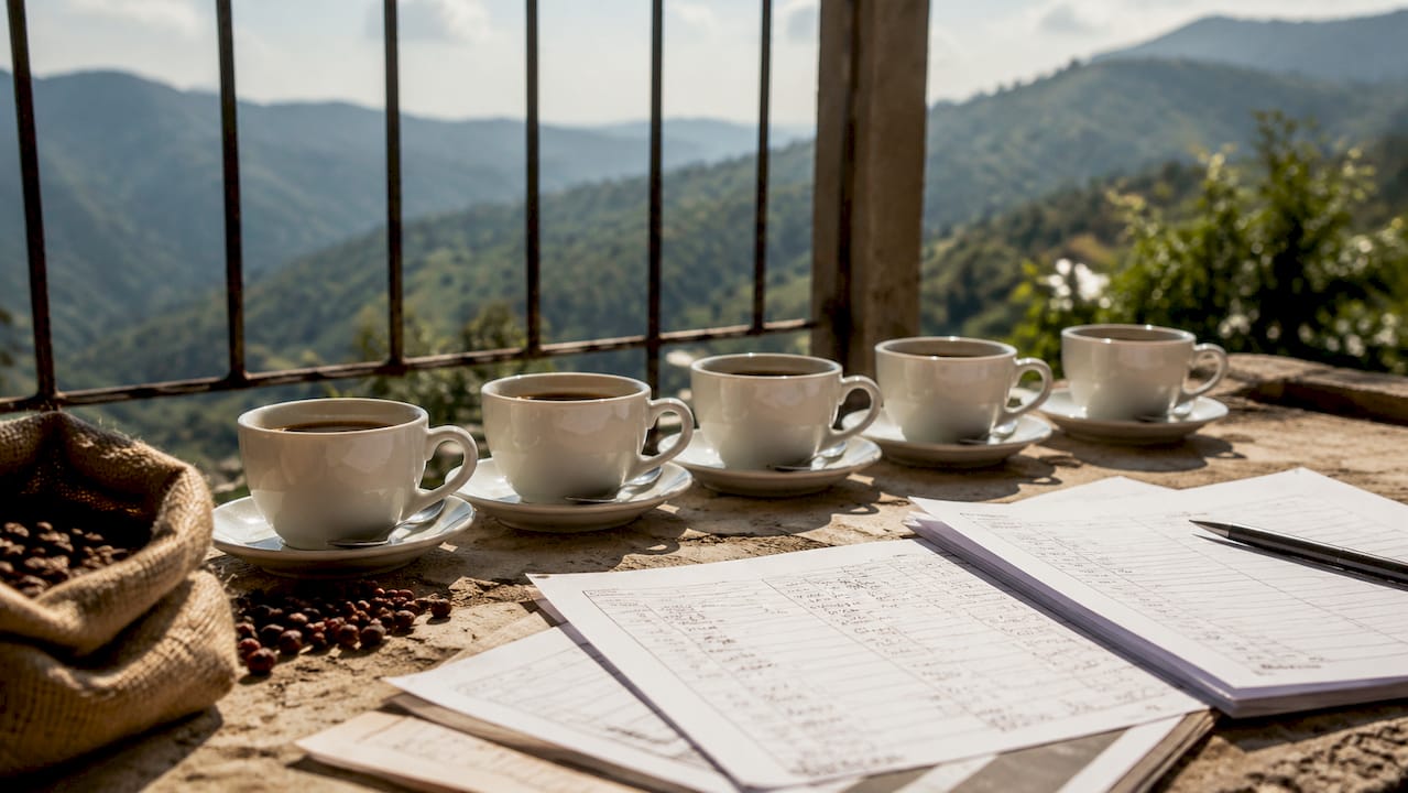Close-up of coffee cups and cupping score sheets