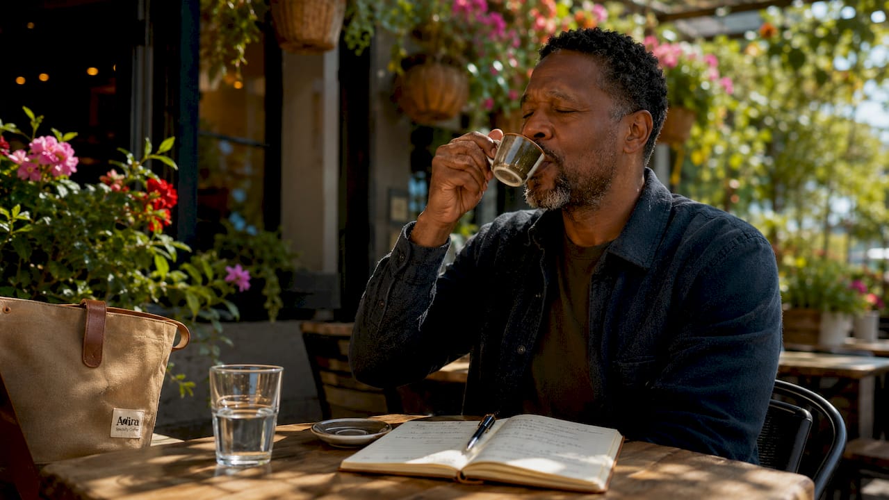 Man tasting espresso in coffee shop