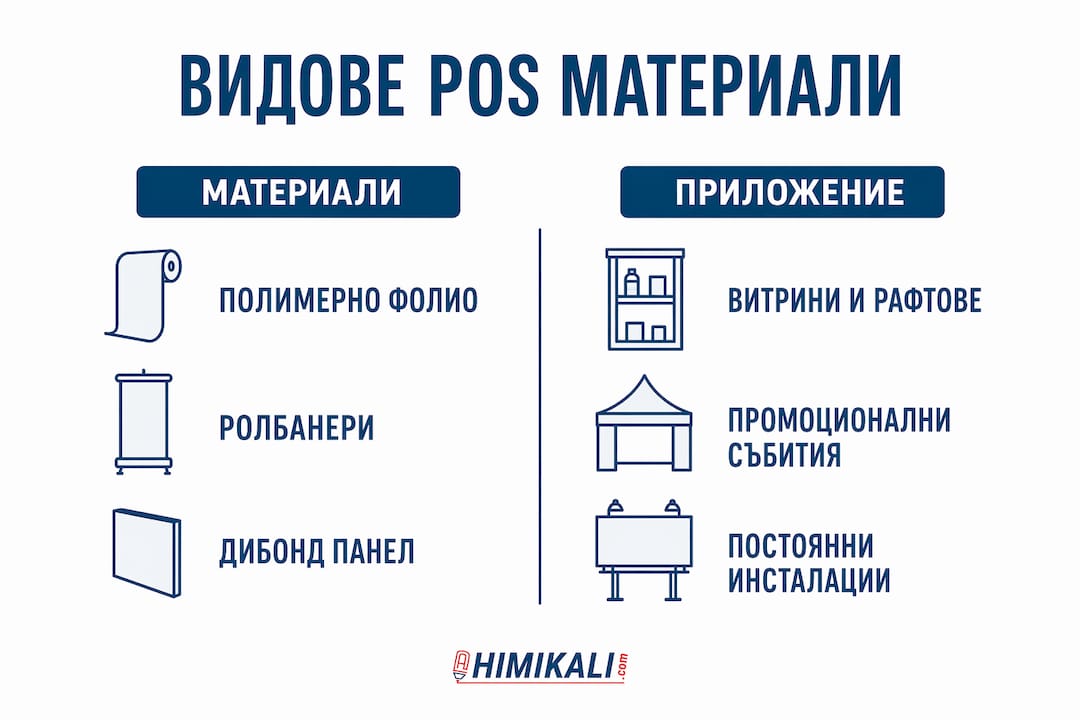 Инфографика представя сравнителен преглед на различните видове рекламни материали и техните приложения.