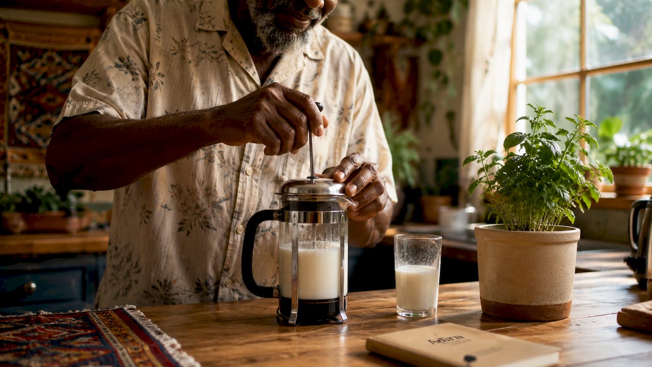 Hands frothing milk with French press