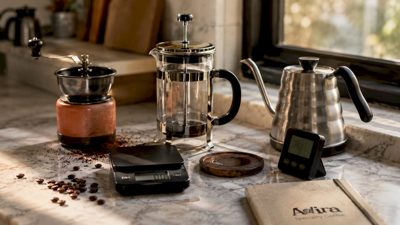 French press coffee equipment layout top view