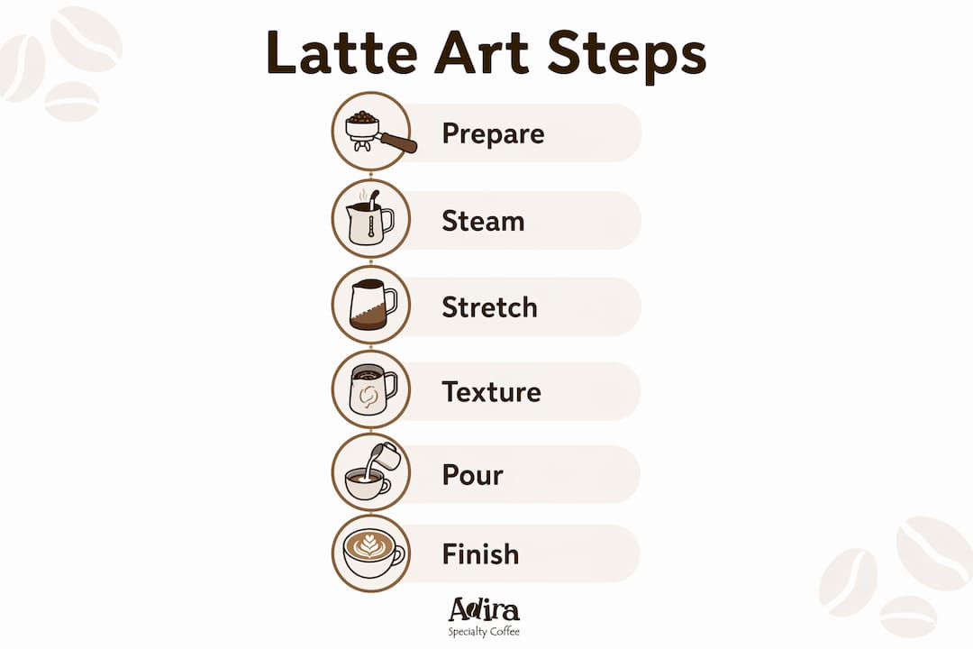 Infographic outlining latte art pouring steps