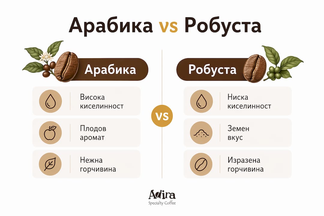 Инфографика, която представя основните разлики между арабика и робуста – сравнение на най-важните им характеристики.